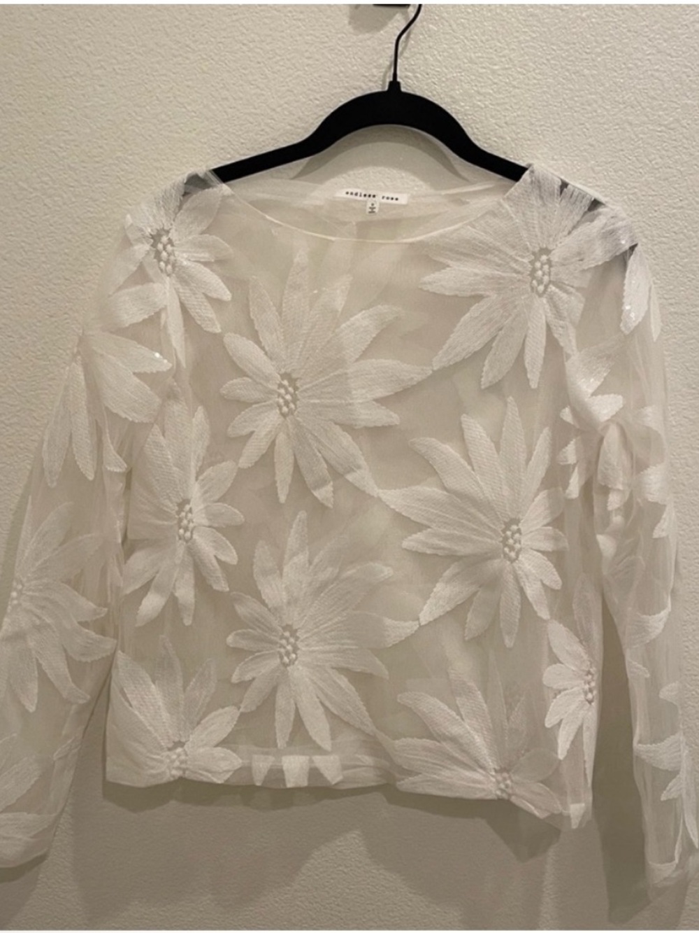 Endless Rose White Sheer Floral Embroidered Mesh Top Size Small